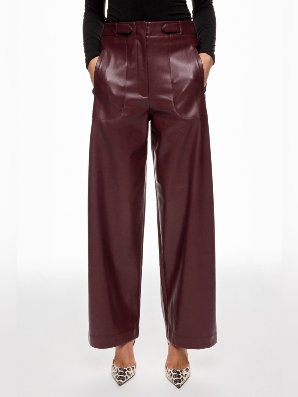 Ronny Kobo Burgundy Faux Leather Wide Leg Pants